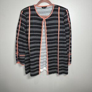 Misook Cardigan Sweater Size Large Coral Black White Hook & Eye Jacket